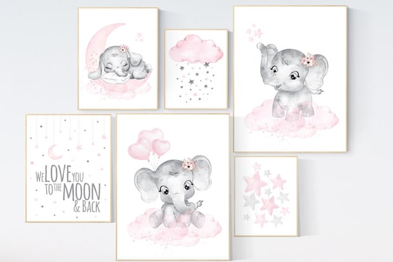 Nursery decor girl elephant, pink grey, flower nursery, nursery prints girl, nursery girl decor ideas, elephant nursery nursery art