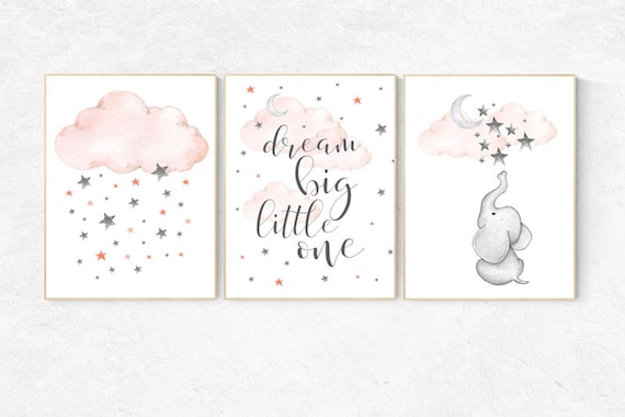 Nursery decor elephant, Nursery decor girl coral, dream big little one, cloud and stars, moon and stars nursery, coral and gray nursery