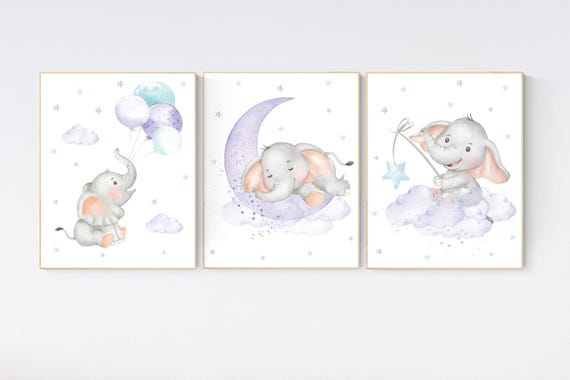 Nursery decor girl, purple teal, elephant nursery decor, lilac nursery print, lavender, baby room decor, nursery wall art, elephant print