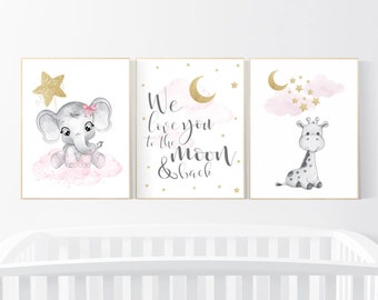 Giraffe & Elephant Nursery Print Set: Pink and Gold Baby Girl Decor