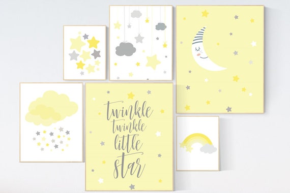 Nursery decor girl yellow, yellow gray nursery wall art, moon cloud star, baby room decor for twin, moon nursery decor, yellow nursery