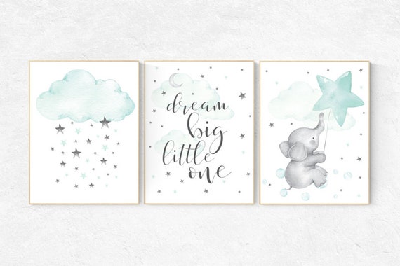 Nursery decor elephant, mint green nursery, dream big little one, nursery wall art animals, cloud and raindrops, nursery wall art teal