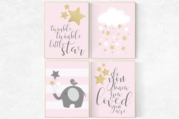 Twinkle twinkle little star nursery, elephant nursery art, pink gold nursery decor, baby girl nursery decor, pink and gold, pink nursery art