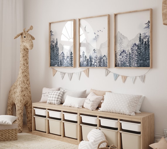 Nursery decor boy woodland, mountain wall art, tree nursery decor, adventure theme nursery, forest, navy blue, woodland nursery wall art