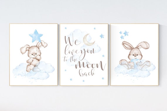 We love you to the moon and back, Nursery decor boy bunny, bunny print set, rabbit nursery decor, boy nursery, Bunny print, boy nursery art
