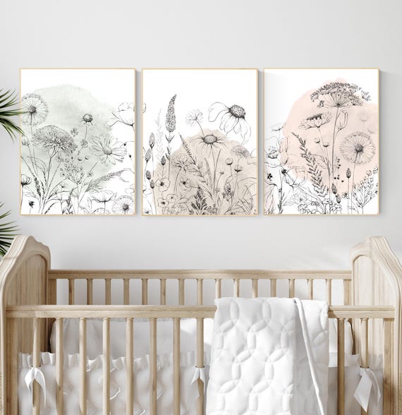 Botanical line art, floral wall decor, wildflower art, Boho Botanical Prints, Wildflower Nursery Decor, floral nursery, black and white