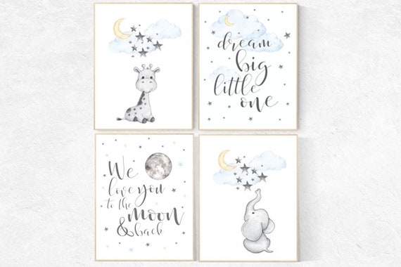 Nursery decor elephant, we love you to the moon and back, dream big little one, gender neutral, nursery wall art, baby room, giraffe nursery