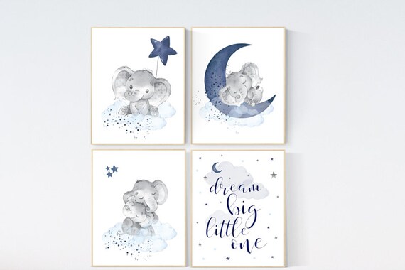 Nursery decor boy elephant, navy blue nursery decor, dream big little one, moon and stars, navy blue nursery, elephant nursery wall decor