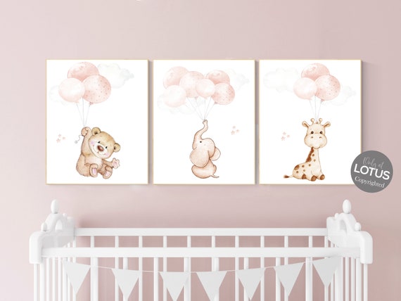 Blush pink nursery decor, girl nursery, animal prints, elephant nursery, bear nursery, giraffe nursery, balloon nursery, baby girl room