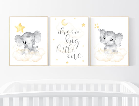 Nursery decor neutral, Yellow nursery, nursery wall art elephant, moon, stars, gender neutral, yellow and gray nursery art, baby room art