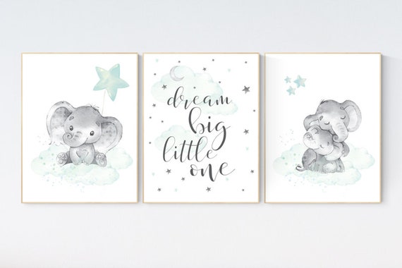 Elephant nursery art, elephant nursery print, mint nursery decor, cloud and stars nursery, baby room , gender neutral, aqua, moon and stars