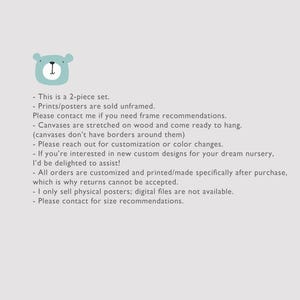 May include: A light blue illustration of a bear's head with a white outline. Text below the image reads: This is a 2-piece set. Prints/posters are sold unframed. Please contact me if you need frame recommendations. Canvases are stretched on wood and come ready to hang. (canvases don't have borders around them) Please reach out for customization or color changes. If you're interested in new custom designs for your dream nursery, I'd be delighted to assist! All orders are customized and printed/made specifically after purchase, which is why returns cannot be accepted. I only sell physical posters; digital files are not available. Please contact for size recommendations.