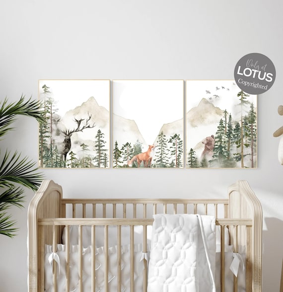 Nursery decor woodland, mountain wall art, tree nursery decor, adventure theme nursery, forest, sage green, beige, woodland animals