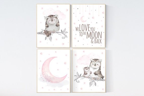 Nursery decor girl owl, we love you to the moon and back, owl nursery decor, girl nursery wall art, nursery ideas, pink nursery print