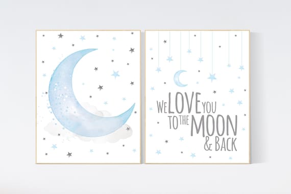 Nursery decor boy, nursery wall art, baby room decor boy, moon and stars, we love you to the moon and back, blue gray grey, nursery prints