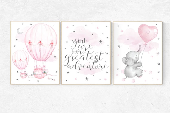 Nursery decor girl elephant, hot air balloon, pink and grey, cloud and stars, you are our greatest adventure, nursery wall art pink and gray