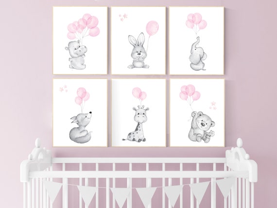 Nursery decor animals, animal balloon print,  nursery decor girl, elephant, bunny, giraffe, fox, nursery wall art girl, pink and gray