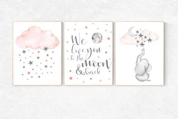 Nursery decor elephant, Nursery decor girl coral, we love you to the moon and back, cloud and stars, moon and stars nursery, coral and gray