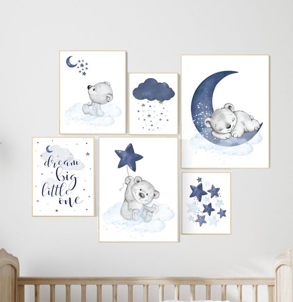 Nursery decor bear, nursery wall art boy, navy blue grey, navy nursery, cloud and stars nursery, bear nursery art, moon nursery art