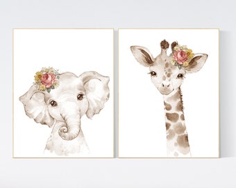 Nursery wall art animals, beige animals, flower nursery, girl nursery, set of 2, elephant nursery, giraffe nursery, animal prints