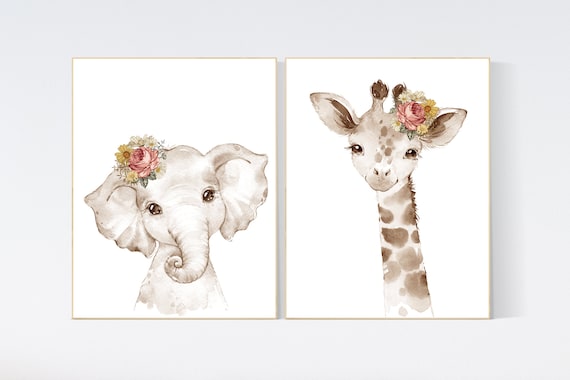Nursery wall art animals, beige animals, flower nursery, girl nursery, set of 2, elephant nursery, giraffe nursery, animal prints