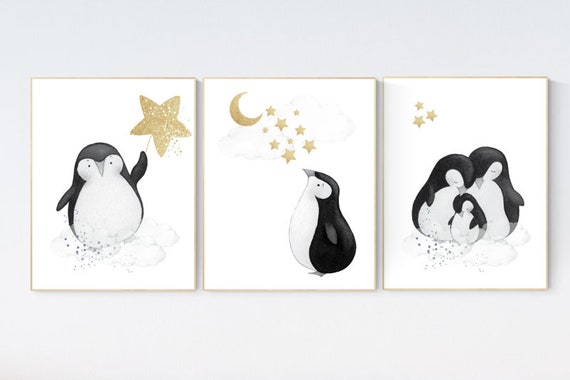 Penguin nursery decor, penguin nursery, gold nursery art, baby room wall art, boy nursery decor, nursery wall art penguin, neutral nursery