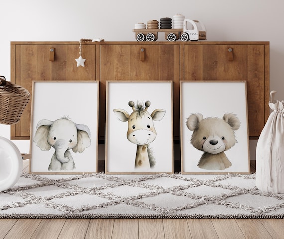 Safari Animal Nursery Prints: Watercolor Lion, Giraffe, Elephant Art (Set of 3)