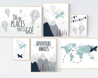 Adventure nursery decor, hot air balloon nursery, world map nursery, adventure awaits, woodland nursery decor, mountain nursery decor