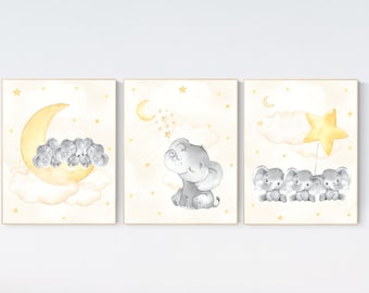 Elephant Nursery Prints: Yellow Gray Baby Room Decor