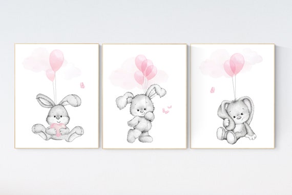 Nursery wall art bunny, pink nursery decor, Nursery decor girl bunny, bunny print nursery girl, rabbit nursery, rabbit print nursery