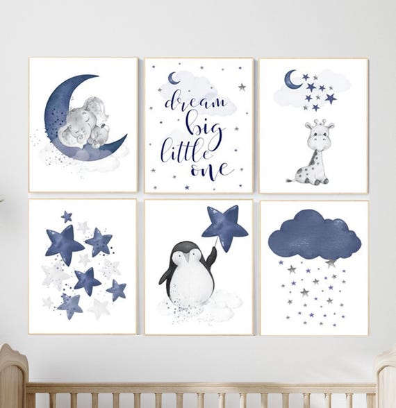 Nursery decor boy elephant, nursery wall art boy, moon and stars, navy blue, penguin, giraffe, dream big little one, navy nursery set