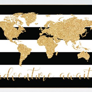 Black white gold decor, World Map, Adventure awaits, gold nursery decor, gold nursery, Nursery Prints, black and white nursery, poster size