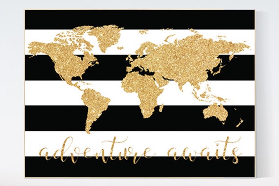 Black white gold decor, World Map, Adventure awaits, gold nursery decor, gold nursery, Nursery Prints, black and white nursery, poster size