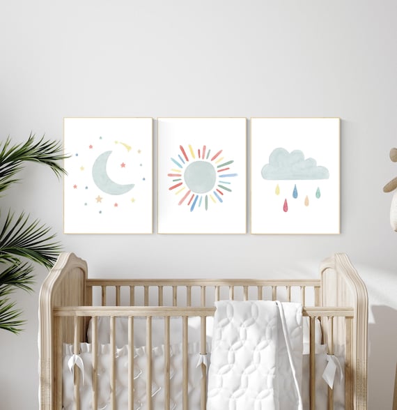 Nursery prints moon, Nursery decor gender neutral, nursery wall art, sun print, cloud print, nursery wall art neutral nursery print