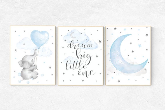Elephant nursery, dream big little one, Blue and gray, Nursery decor boy, nursery decor, boys room decor, , clouds and stars, blue grey