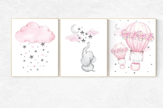 Nursery decor girl elephant, hot air balloon, pink and grey, cloud and stars, hot air balloons, nursery wall art, pink and gray, elephant