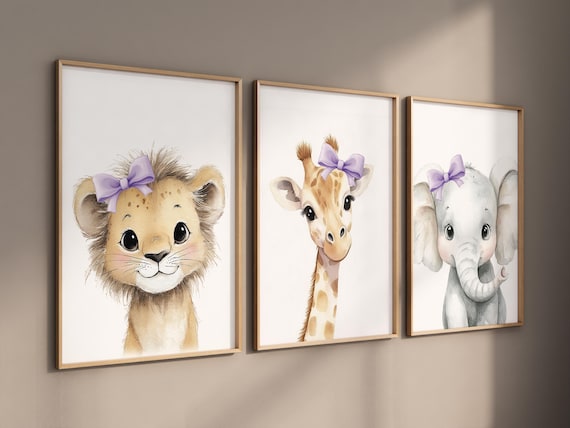 Baby Girl Nursery Wall Art Set, Safari Animals with Purple Bows