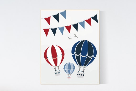 Adventure nursery decor, hot air balloon nursery, Nursery decor boy adventure, nursery decor boy, navy, red, blue, nursery gender neutral