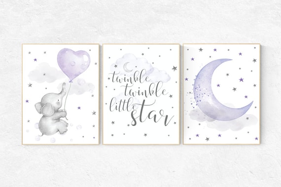 Nursery decor girl elephant, Nursery decor girl purple, nursery wall art, lavender and gray, lilac nursery, twinkle twinkle little star