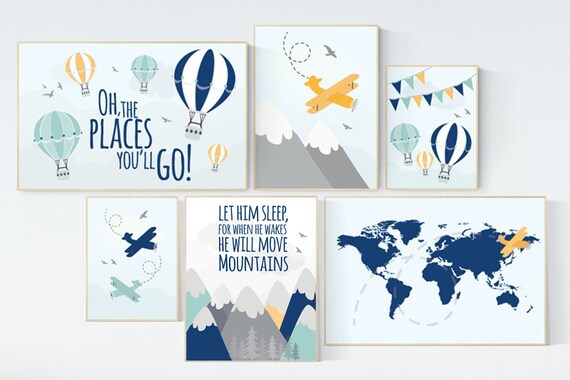 Adventure nursery, Nursery decor mountains, nursery decor boy airplane, world map, let him sleep for when he wakes he will move mountains