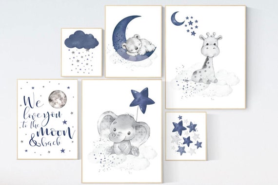 Nursery wall art animals, elephant, giraffe, bear, boy nursery decor, navy nursery, boy nursery wall art, we love you to the moon and back