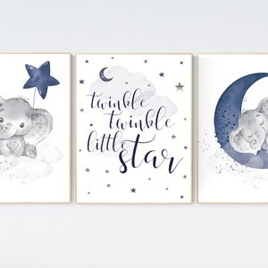 Nursery decor elephant, navy nursery decor, twinkle twinkle little star, moon and stars, navy blue nursery art. baby room, elephant nursery