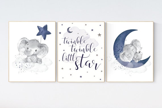 Nursery decor elephant, navy nursery decor, twinkle twinkle little star, moon and stars, navy blue nursery art. baby room, elephant nursery