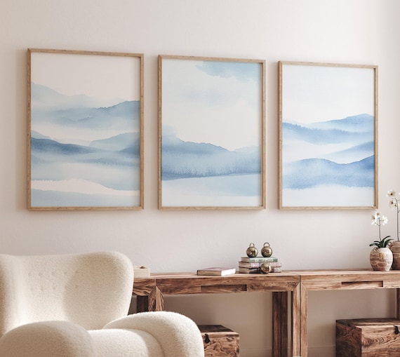 Blue Watercolor Mountain Wall Art – Tranquil Landscape Prints Set of 3, Modern Abstract Nature Artwork, Calming Blue Horizon Decor