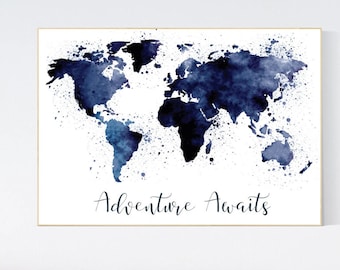 Navy Blue Watercolor World Map Print: Travel Nursery Decor
