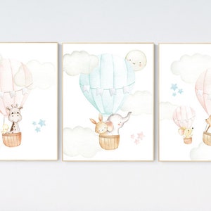 Blush and mint nursery wall art, Nursery decor girl, hot air balloon nursery, blush pink nursery, nursery decor woodland animals, mint
