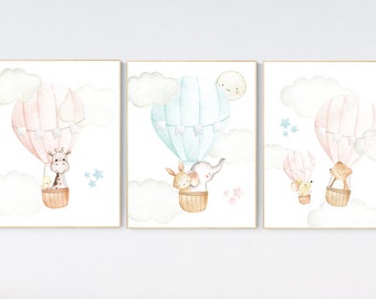 Hot Air Balloon Nursery Print: Blush Pink & Mint Animal Art