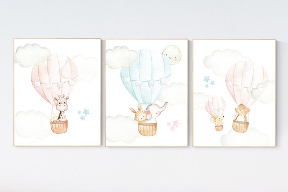Blush and mint nursery wall art, Nursery decor girl, hot air balloon nursery, blush pink nursery, nursery decor woodland animals, mint