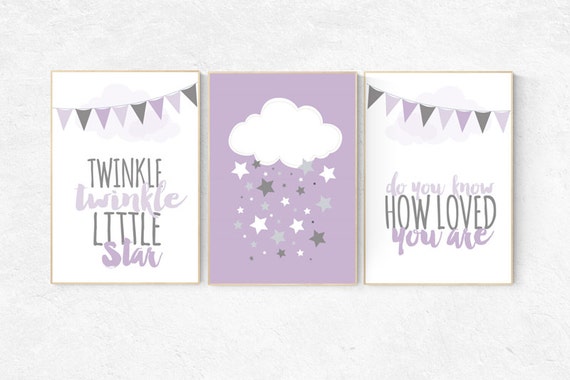 Twinkle Twinkle Little Star, Purple nursery decor, cloud nursery, baby girl nursery wall art, new baby gift, purple gray nursery Purple Grey
