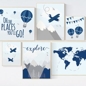 Decoração de berçário aventura de menino, explorar, decoração de berçário avião de menino, berçário de mapa mundial, berçário azul marinho, decoração de berçário de menino, berçário de floresta